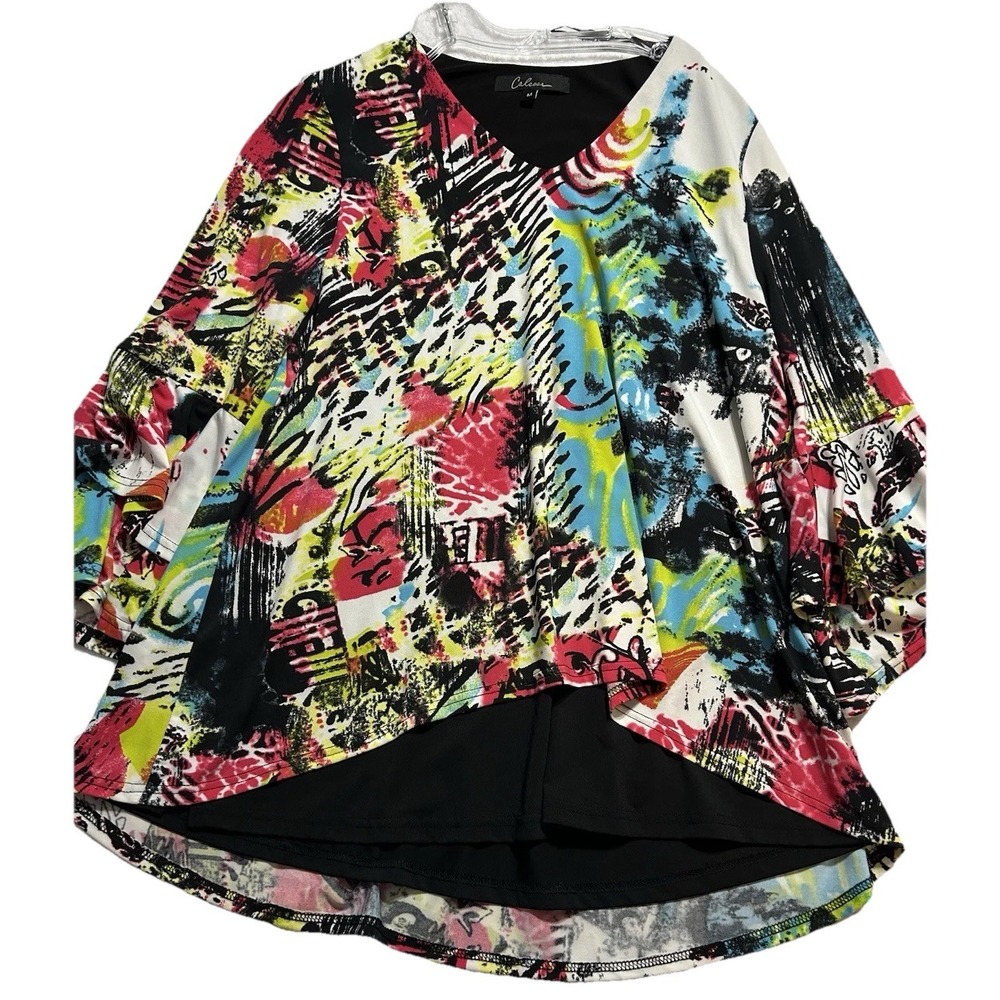 Caleesa Women's Medium Multicolor V-Neck Blouse Polyester Blend Top (H4)